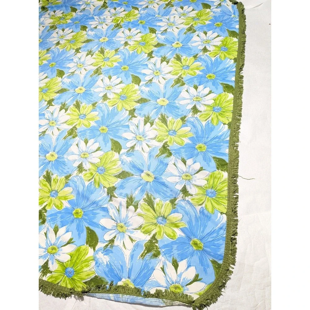 VTG Cannon Royal Family Queen Bedspread Mod 60s 70s Floral Fringe Green Blue